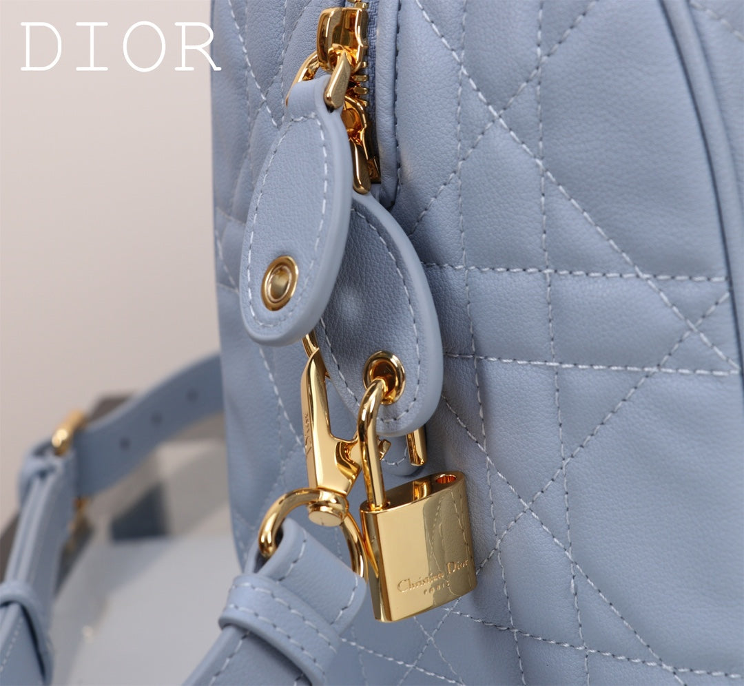 Dior Light Blue Quilted Leather Handbag with Top Handles and Shoulder Strap