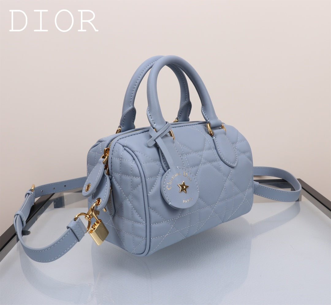 Dior Light Blue Quilted Leather Top Handle Satchel Bag with Strap