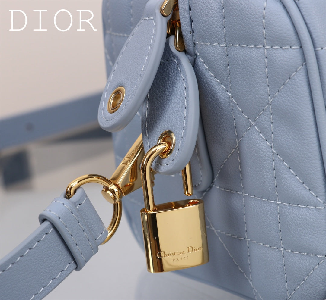 Dior Light Blue Quilted Leather Top Handle Satchel Bag with Strap