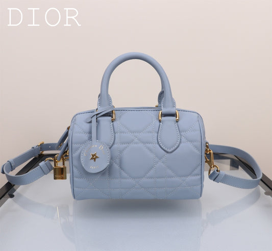 Dior Quilted Light Blue Leather Mini Boston Bag with Crossbody Strap