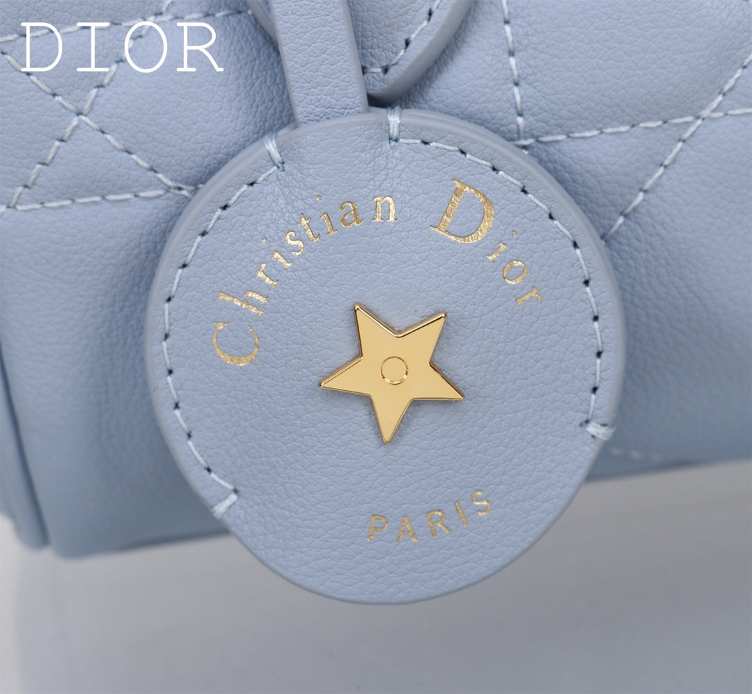 Dior Light Blue Quilted Leather Mini Bowling Handbag with Gold Star Charm