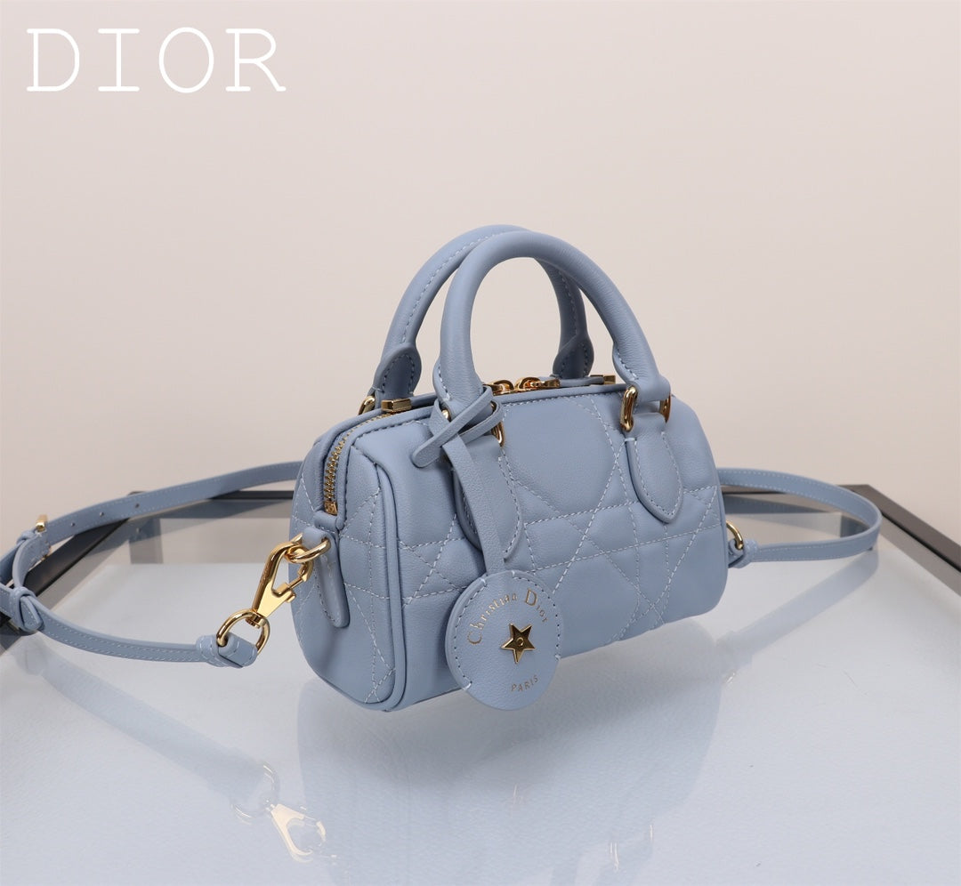 Dior Light Blue Quilted Leather Mini Bowling Handbag with Gold Star Charm