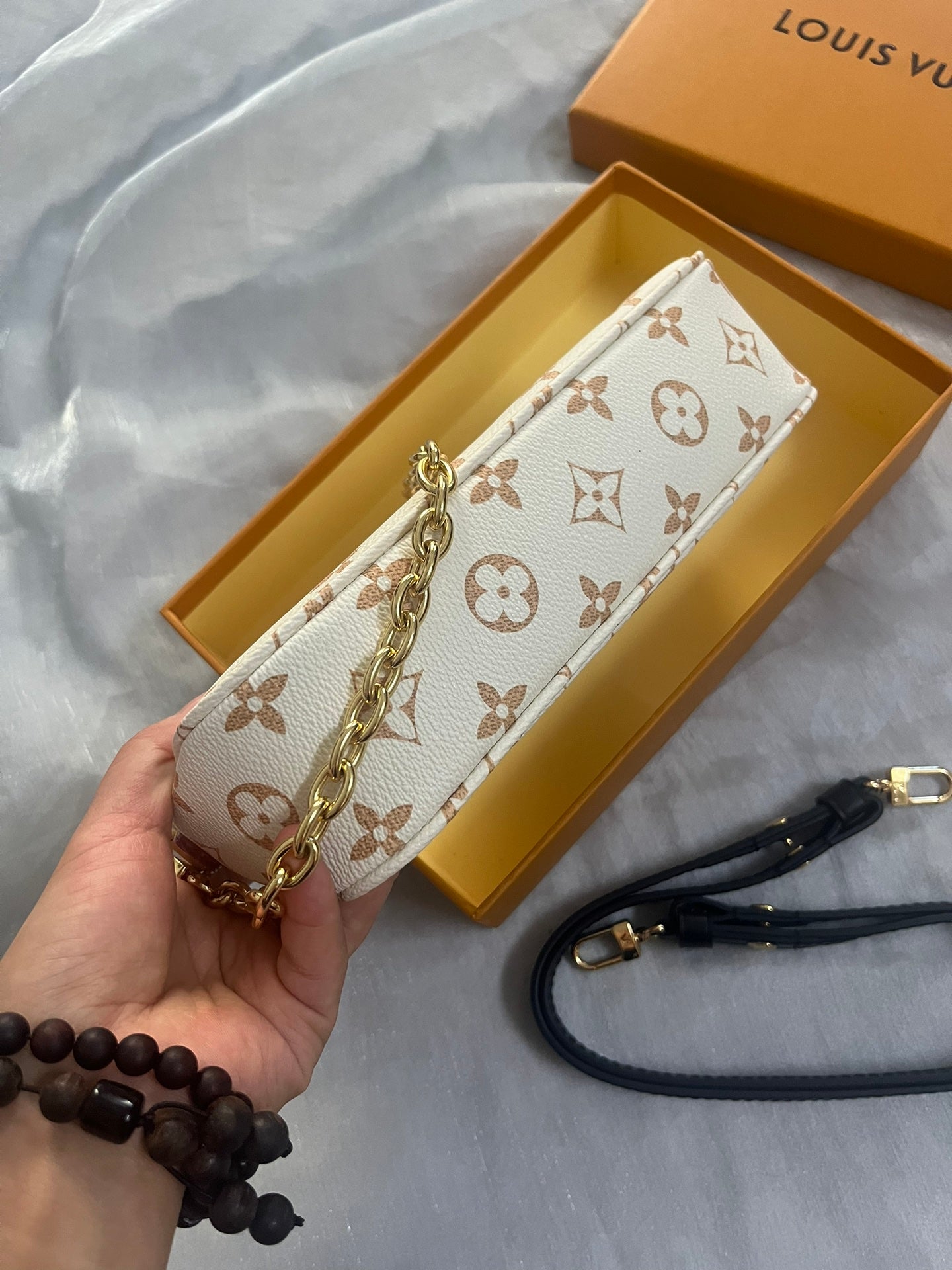 Louis Vuitton Beige Monogram Leather Shoulder Bag with Gold Chain