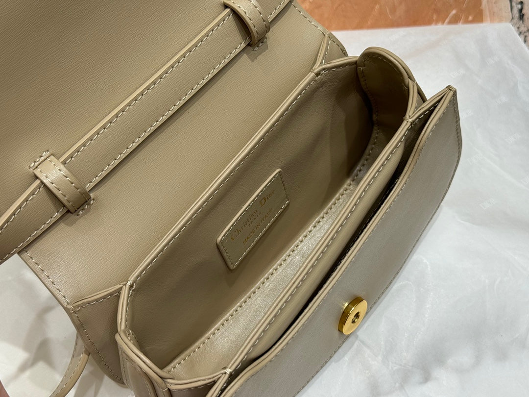 Dior Luxury Taupe Leather Shoulder Bag with Gold Buckle and Top Handle