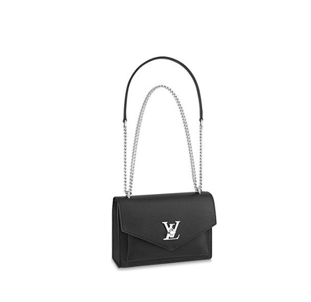 Louis Vuitton Elegant Black Leather Envelope Handbag with Silver Chain Strap