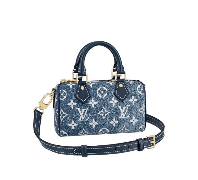 Louis Vuitton Mini Blue Denim Monogram Duffle Handbag with Crossbody Strap