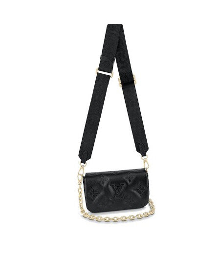 Louis Vuitton Black Quilted Chevron Crossbody Bag with Wide Strap and Gold Chain