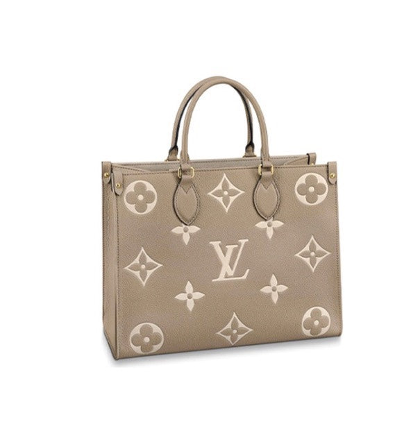 Louis Vuitton Elegant Taupe Leather Tote Bag with Large Embossed Monogram