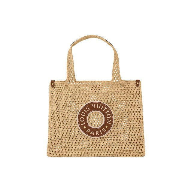 Louis Vuitton Beige Crochet Straw Tote Bag with Circular Patch Top Handle Handbag