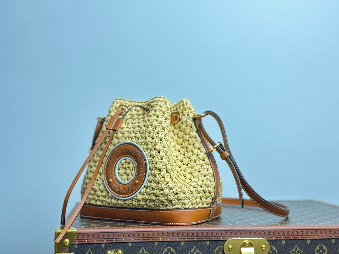 Louis Vuitton Summer Woven Straw Bucket Bag with Brown Leather Strap