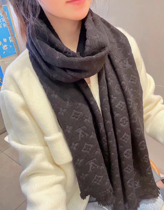 Women's Dark Grey Monogram Pattern Scarf - Elegant Logo Print Soft Winter Shawl, Charcoal