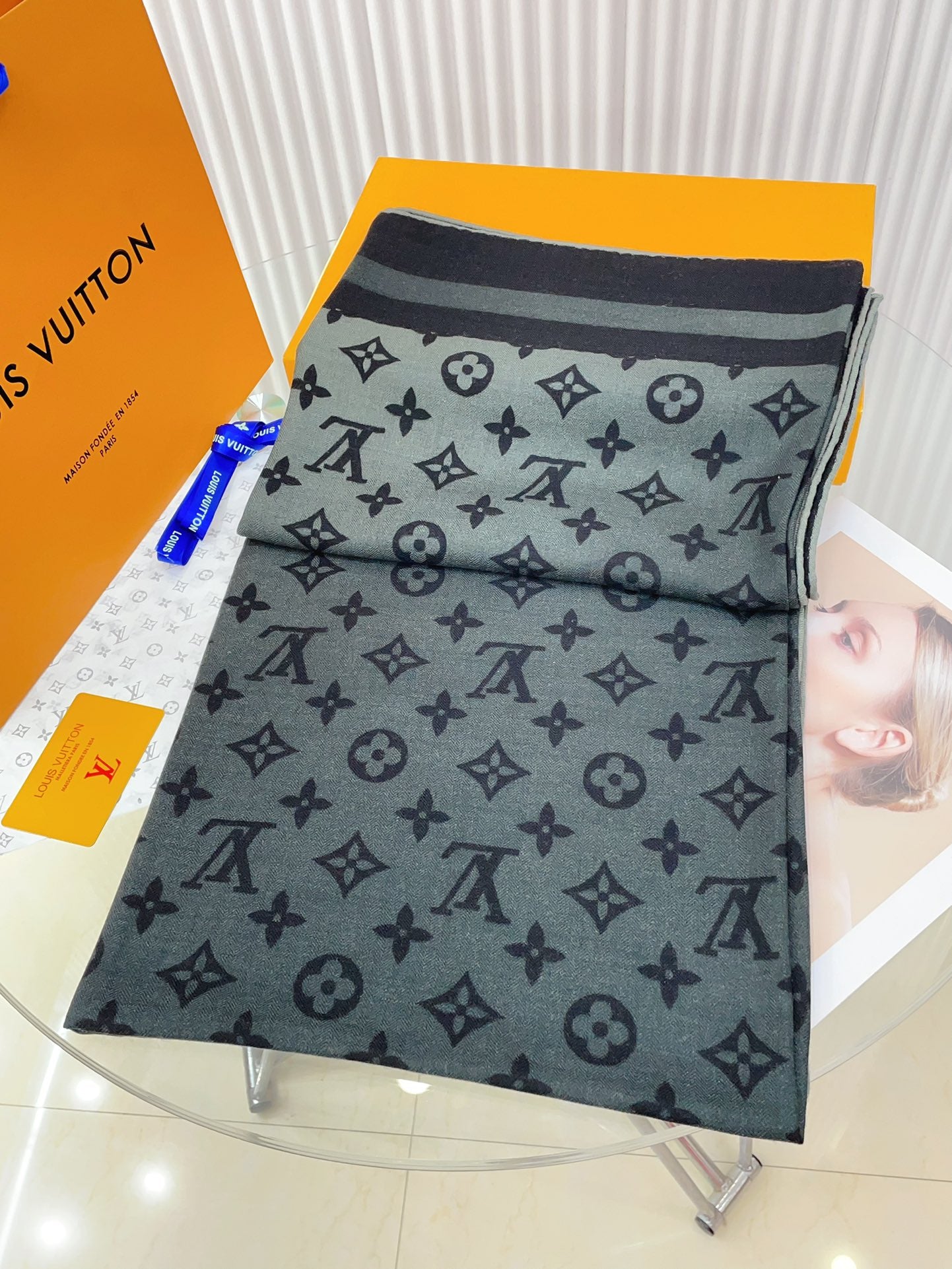 Elegant Monogram Oversized Shawl Scarf for Women - Anthracite Gray &amp; Black Designer Style Wrap