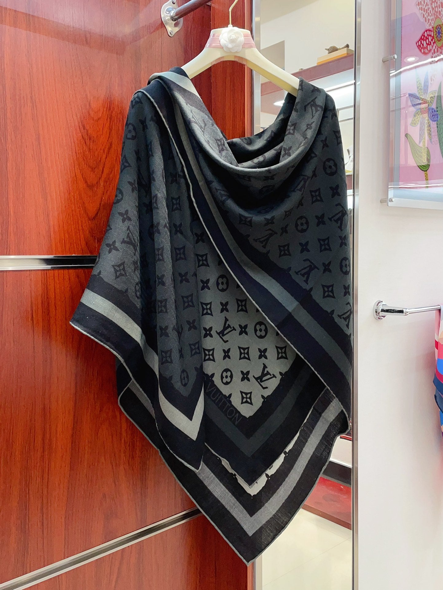 Elegant Monogram Oversized Shawl Scarf for Women - Anthracite Gray &amp; Black Designer Style Wrap