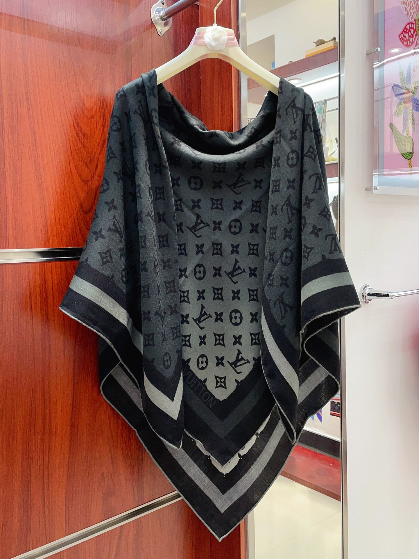 Elegant Monogram Oversized Shawl Scarf for Women - Anthracite Gray &amp; Black Designer Style Wrap