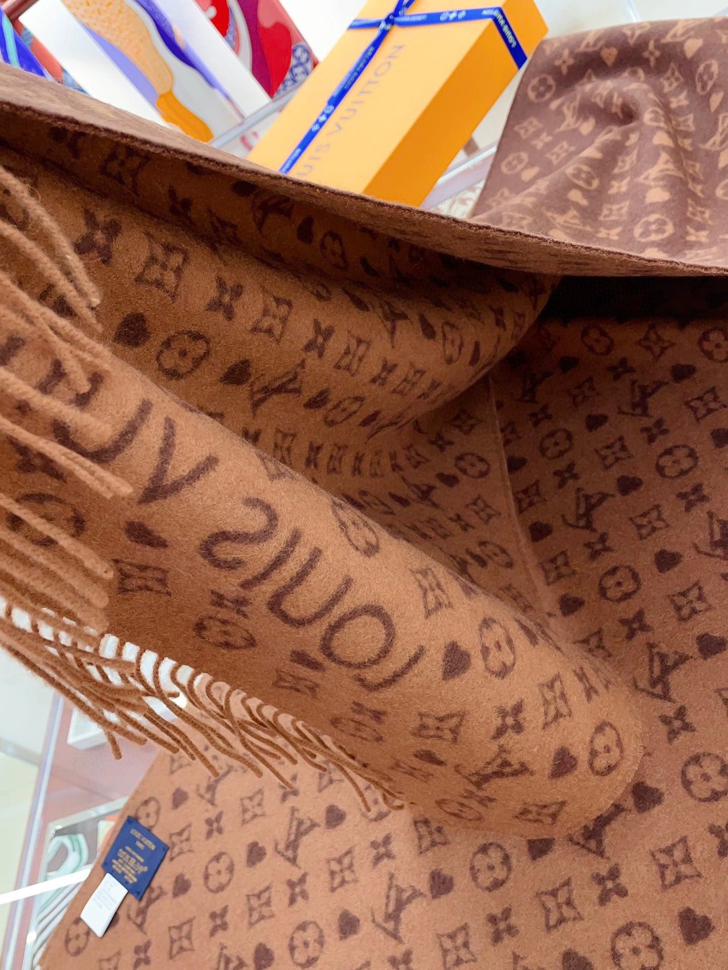 Louis Vuitton Brown Monogram Scarf - Luxury Wool Silk Blend Winter Accessory with Fringe