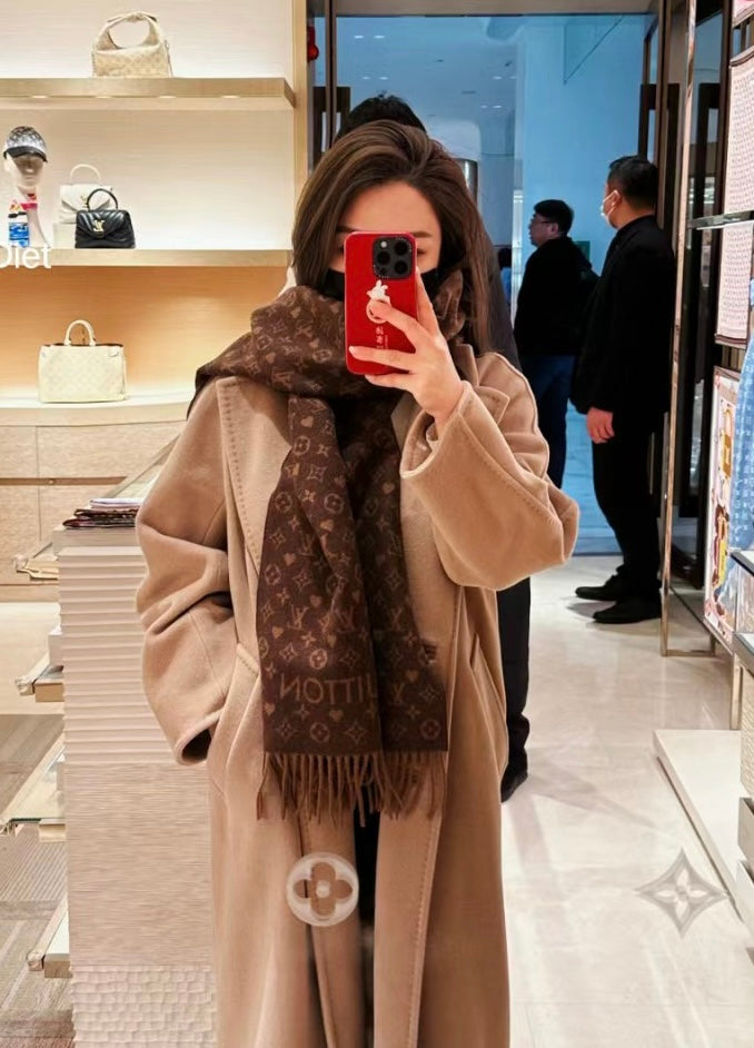 Louis Vuitton Brown Monogram Scarf - Luxury Wool Silk Blend Winter Accessory with Fringe