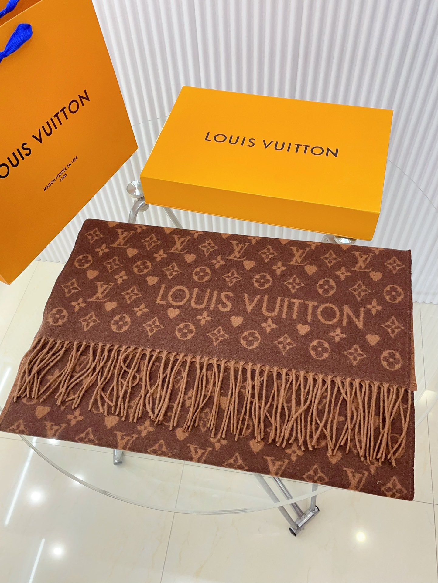 Louis Vuitton Brown Monogram Scarf - Luxury Wool Silk Blend Winter Accessory with Fringe