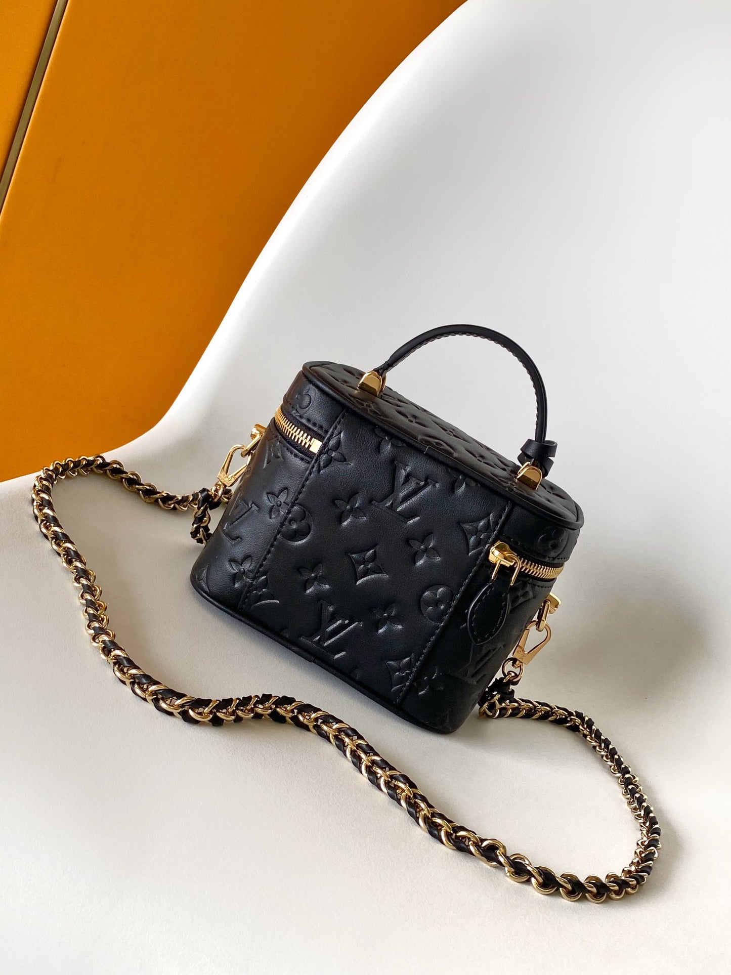 Louis Vuitton Black Embossed Monogram Leather Vanity Handbag with Gold Hardware