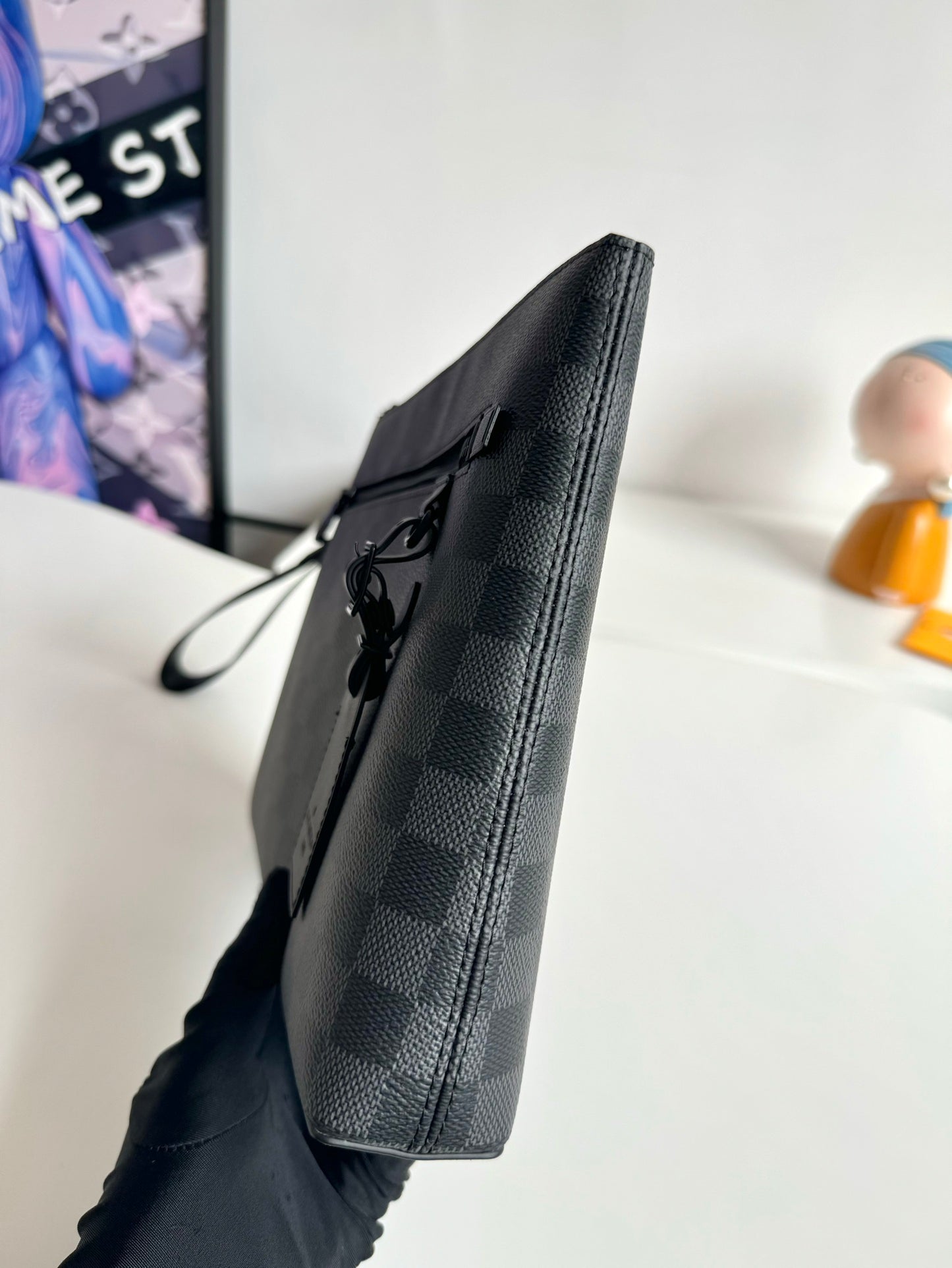 Louis Vuitton Mens Black Checkerboard Canvas Clutch Bag with Wrist Strap