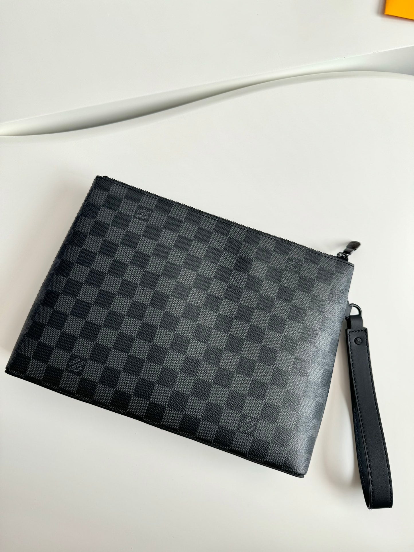 Louis Vuitton Mens Black Checkerboard Canvas Clutch Bag with Wrist Strap