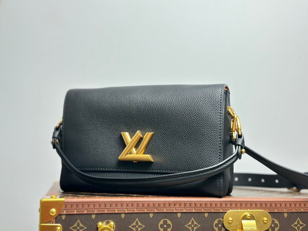 Louis Vuitton Classic Black Leather Shoulder Flap Bag with Gold Twist Lock Clasp
