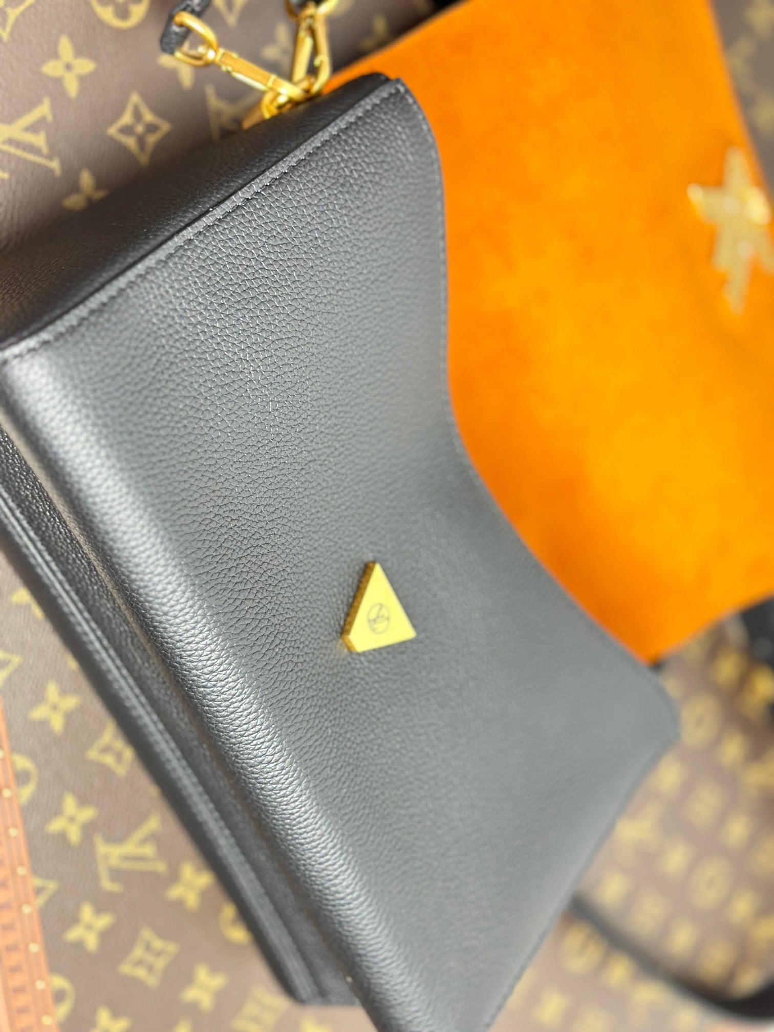Louis Vuitton Classic Black Leather Shoulder Flap Bag with Gold Twist Lock Clasp