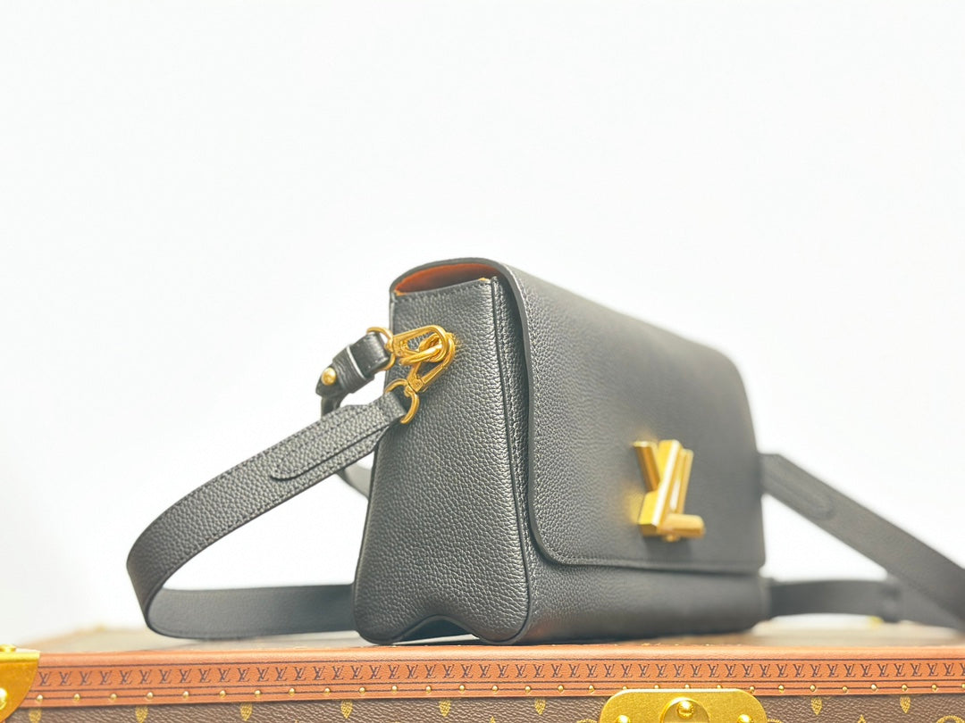 Louis Vuitton Classic Black Leather Shoulder Flap Bag with Gold Twist Lock Clasp