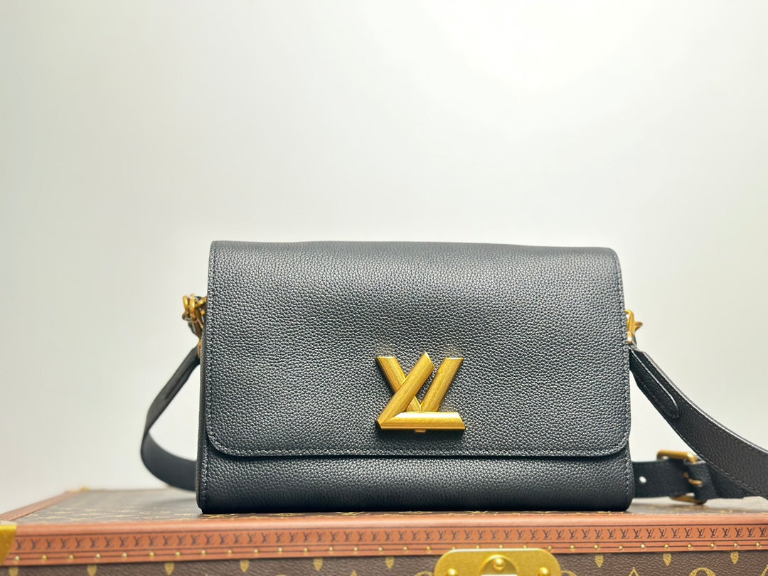 Louis Vuitton Classic Black Leather Shoulder Flap Bag with Gold Twist Lock Clasp
