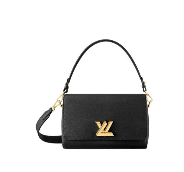 Louis Vuitton Classic Black Leather Shoulder Flap Bag with Gold Twist Lock Clasp