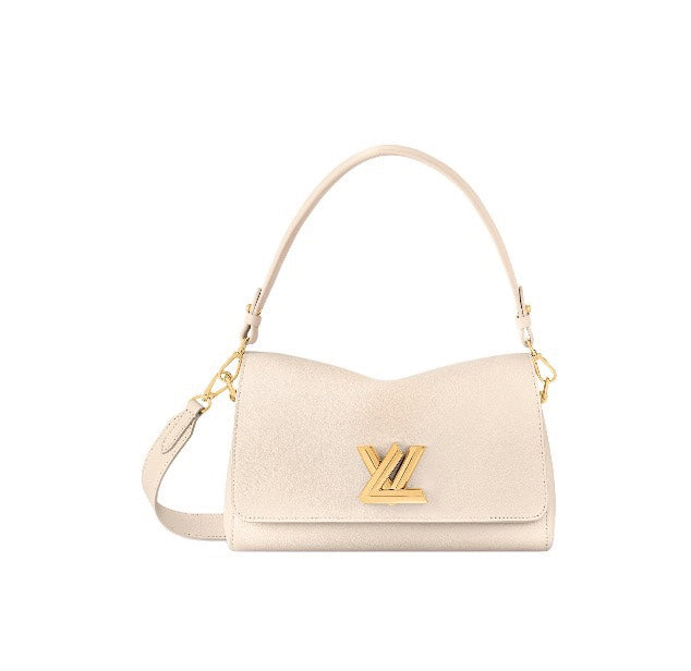 Louis Vuitton Elegant Cream Leather Shoulder Bag with Gold Metal Clasp
