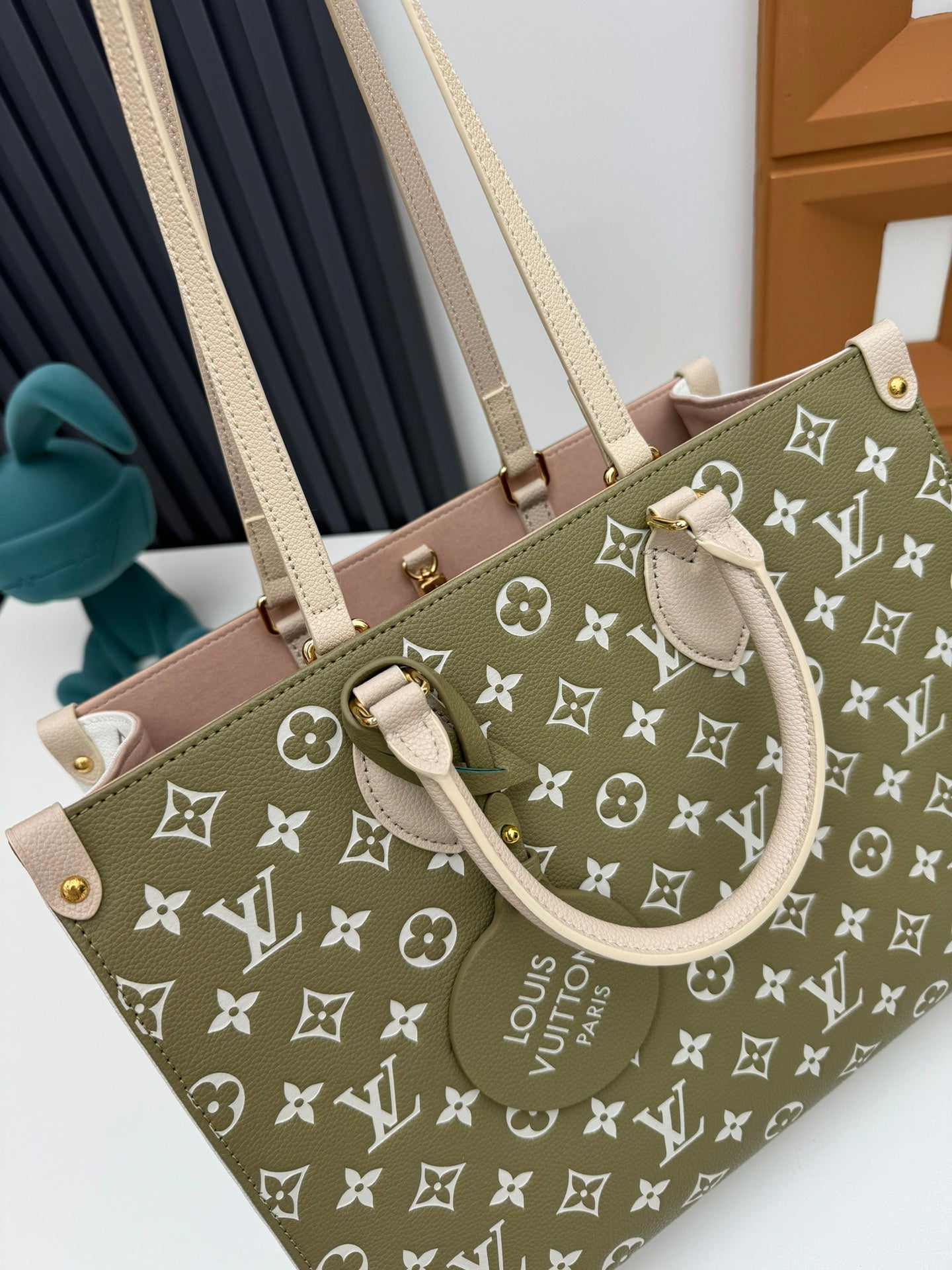 Louis Vuitton Classic Khaki Monogram Print Leather Tote Bag with Top Handles