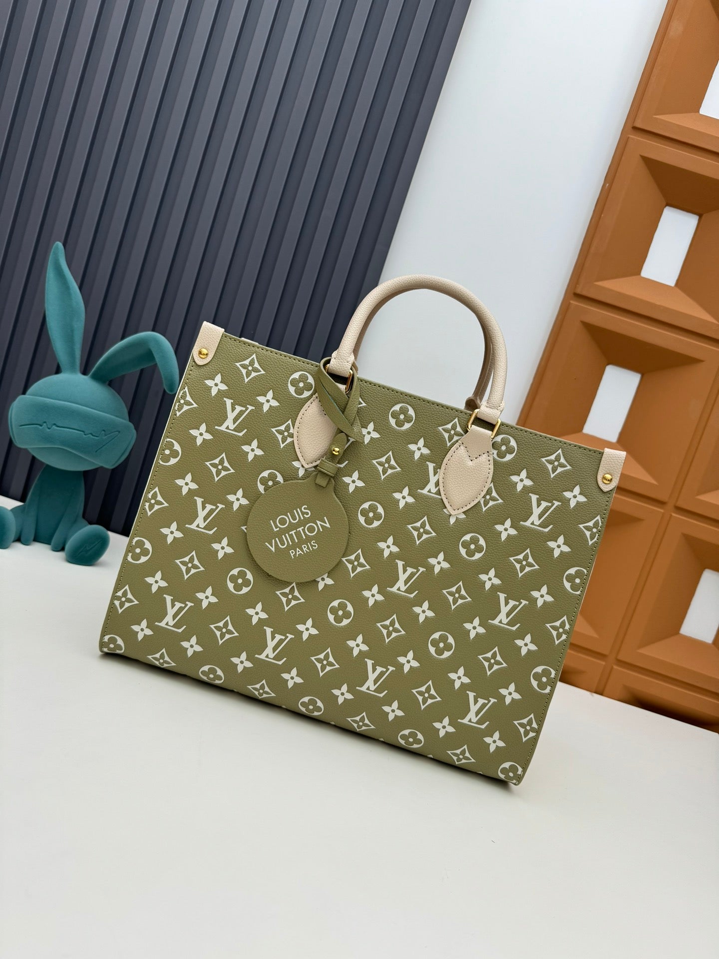 Louis Vuitton Classic Khaki Monogram Print Leather Tote Bag with Top Handles