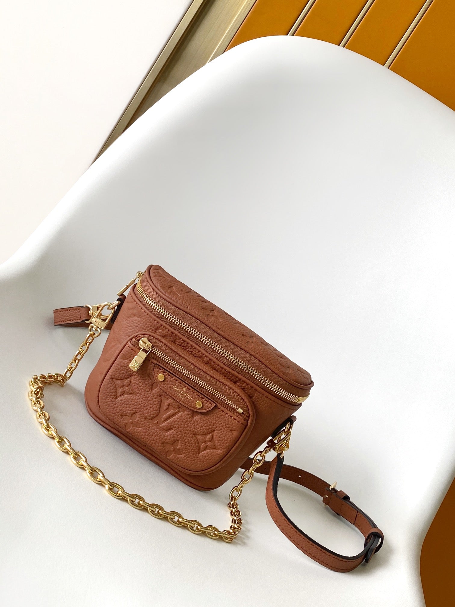 Louis Vuitton Brown Embossed Leather Crossbody Shoulder Bag with Gold Chain