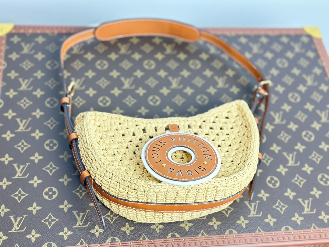 Louis Vuitton Summer Woven Raffia Crescent Shoulder Bag with Leather Trim