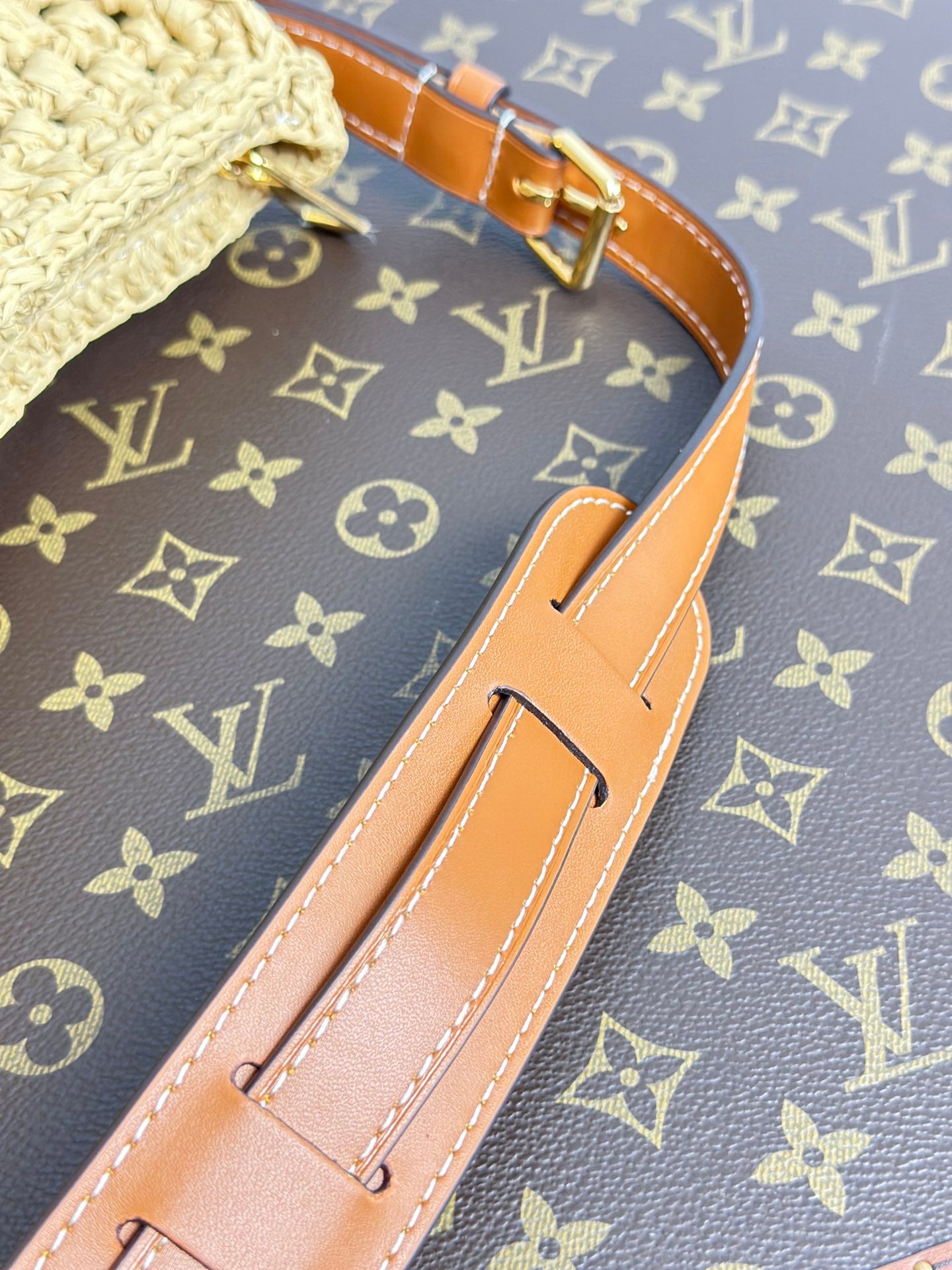 Louis Vuitton Summer Woven Raffia Crescent Shoulder Bag with Leather Trim