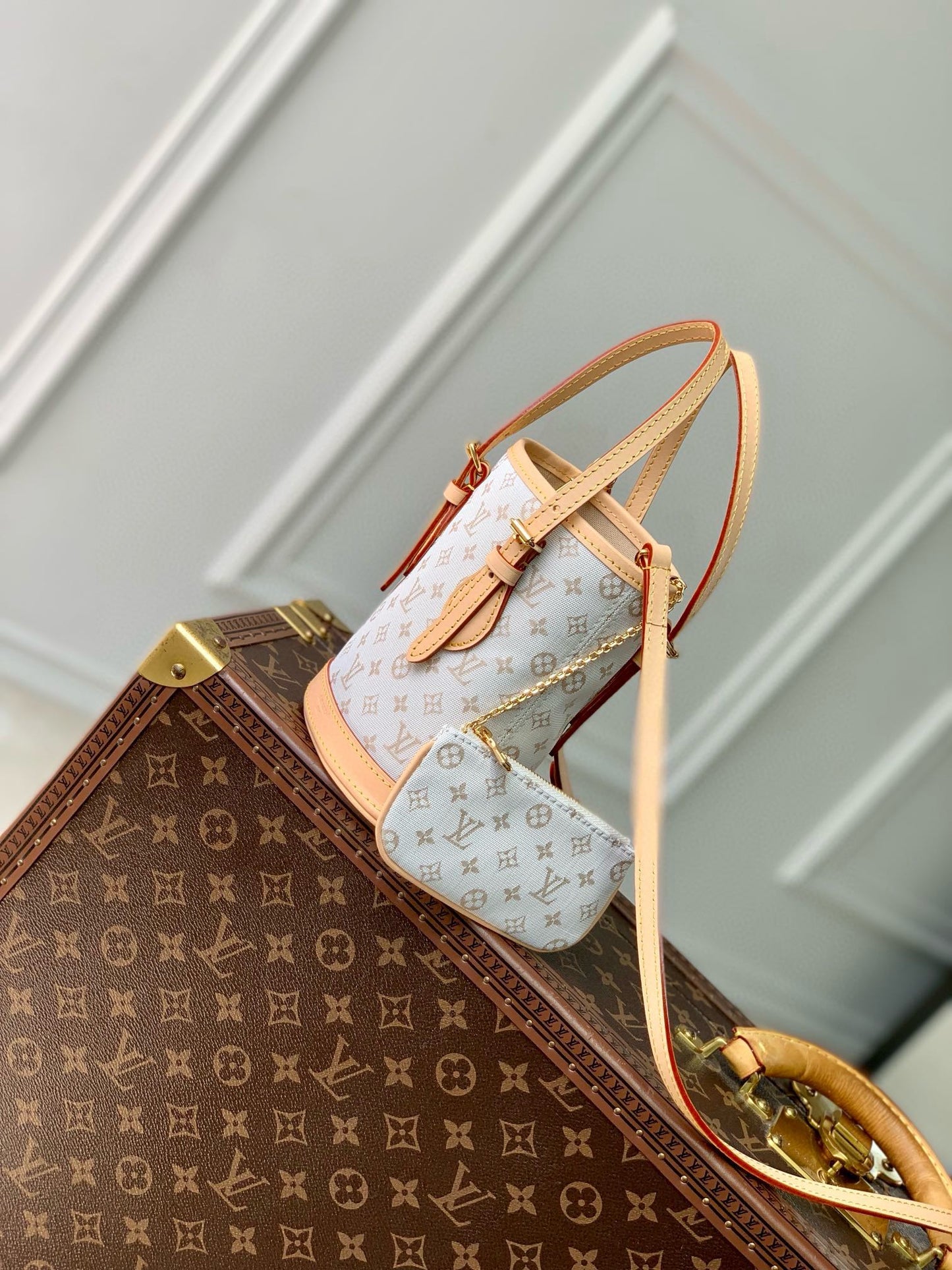 Louis Vuitton Elegant Monogram Pattern Canvas Bucket Bag with Leather Handle