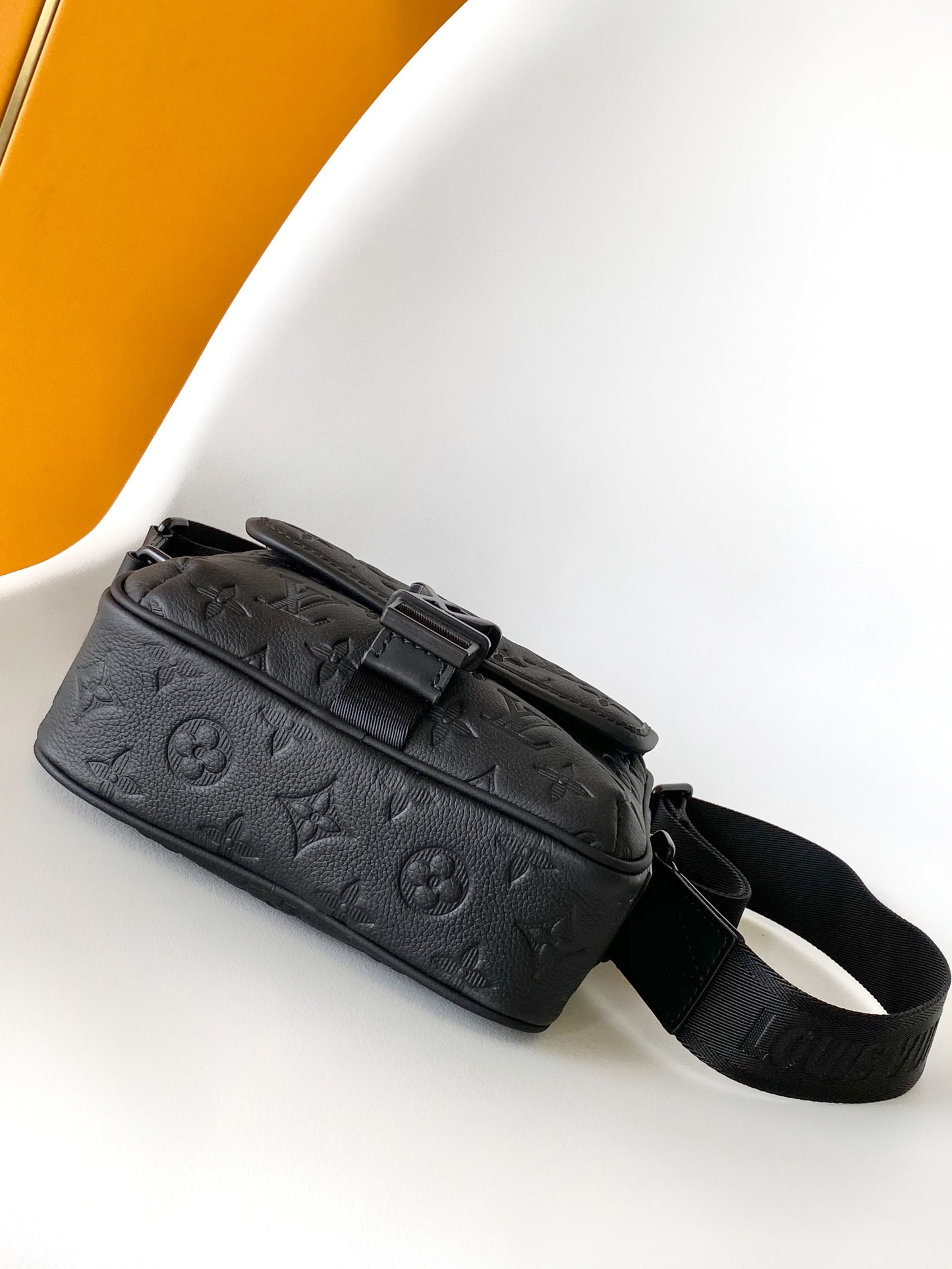 Louis Vuitton Matte Black Embossed Script Crossbody Bag with Buckle Strap