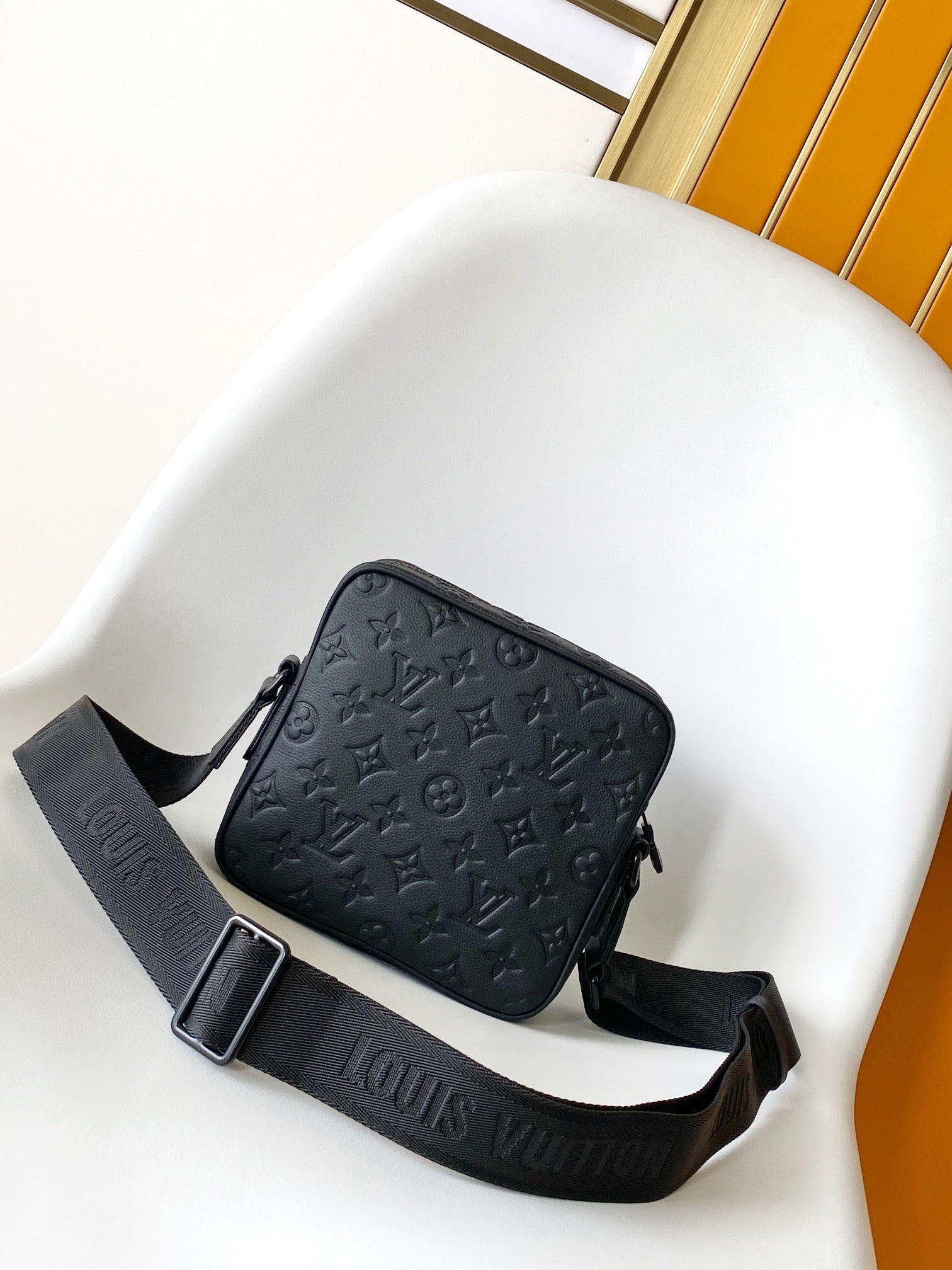 Louis Vuitton Matte Black Embossed Script Crossbody Bag with Buckle Strap