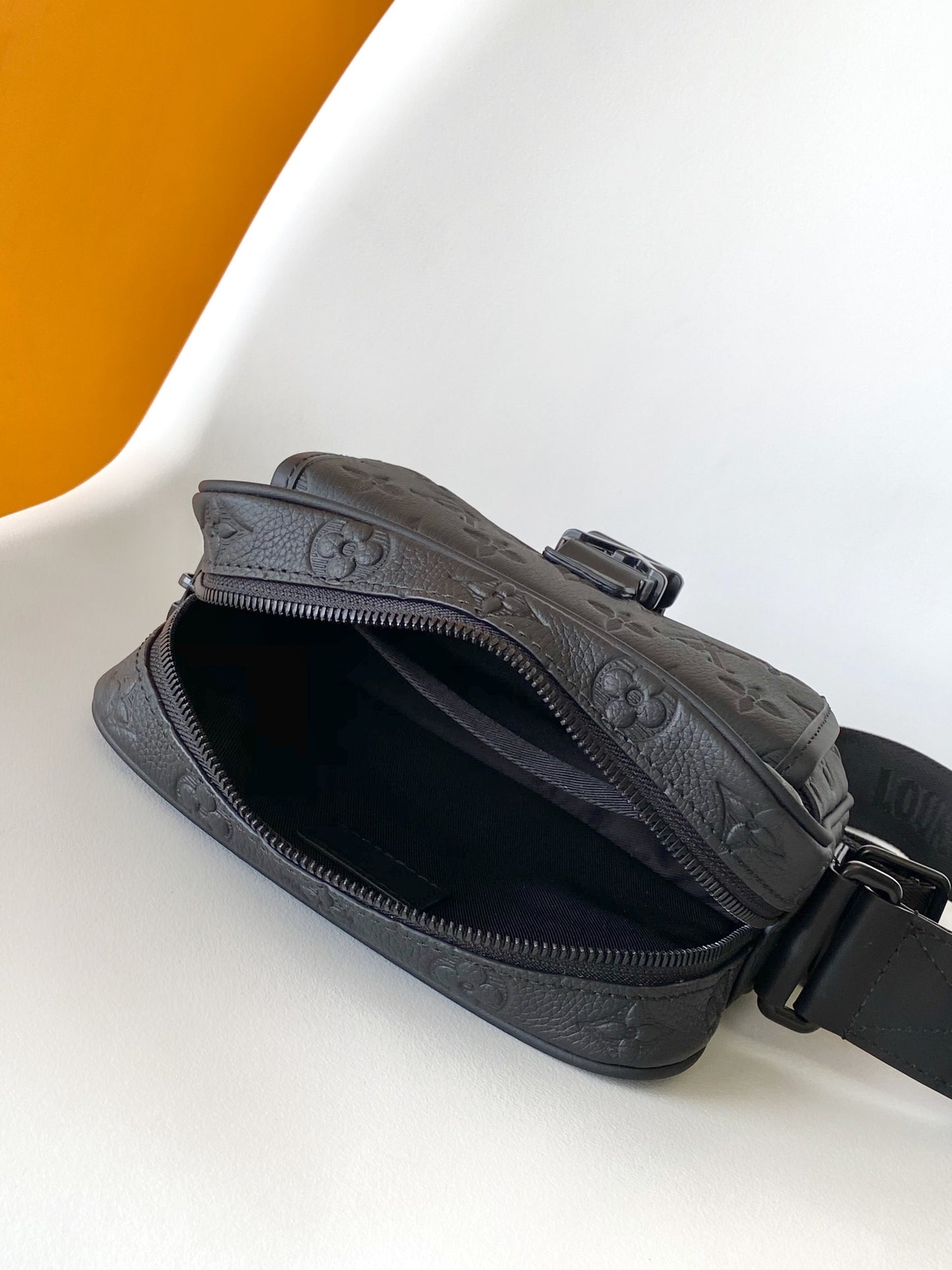 Louis Vuitton Matte Black Embossed Script Crossbody Bag with Buckle Strap