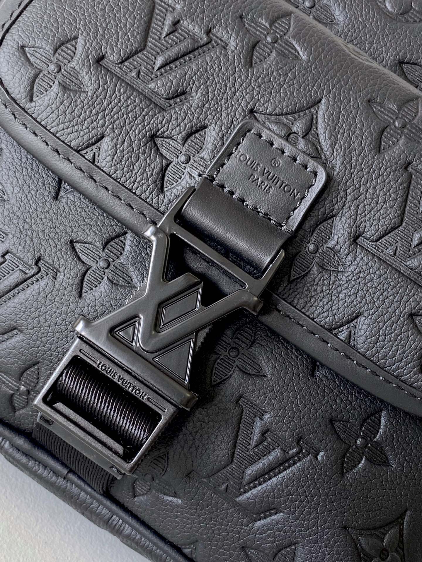 Louis Vuitton Matte Black Embossed Script Crossbody Bag with Buckle Strap