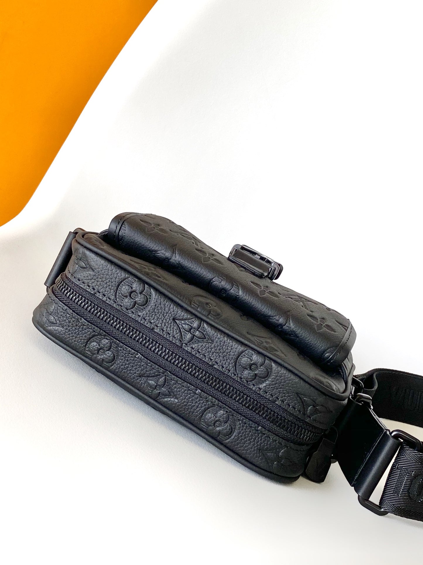 Louis Vuitton Matte Black Embossed Script Crossbody Bag with Buckle Strap