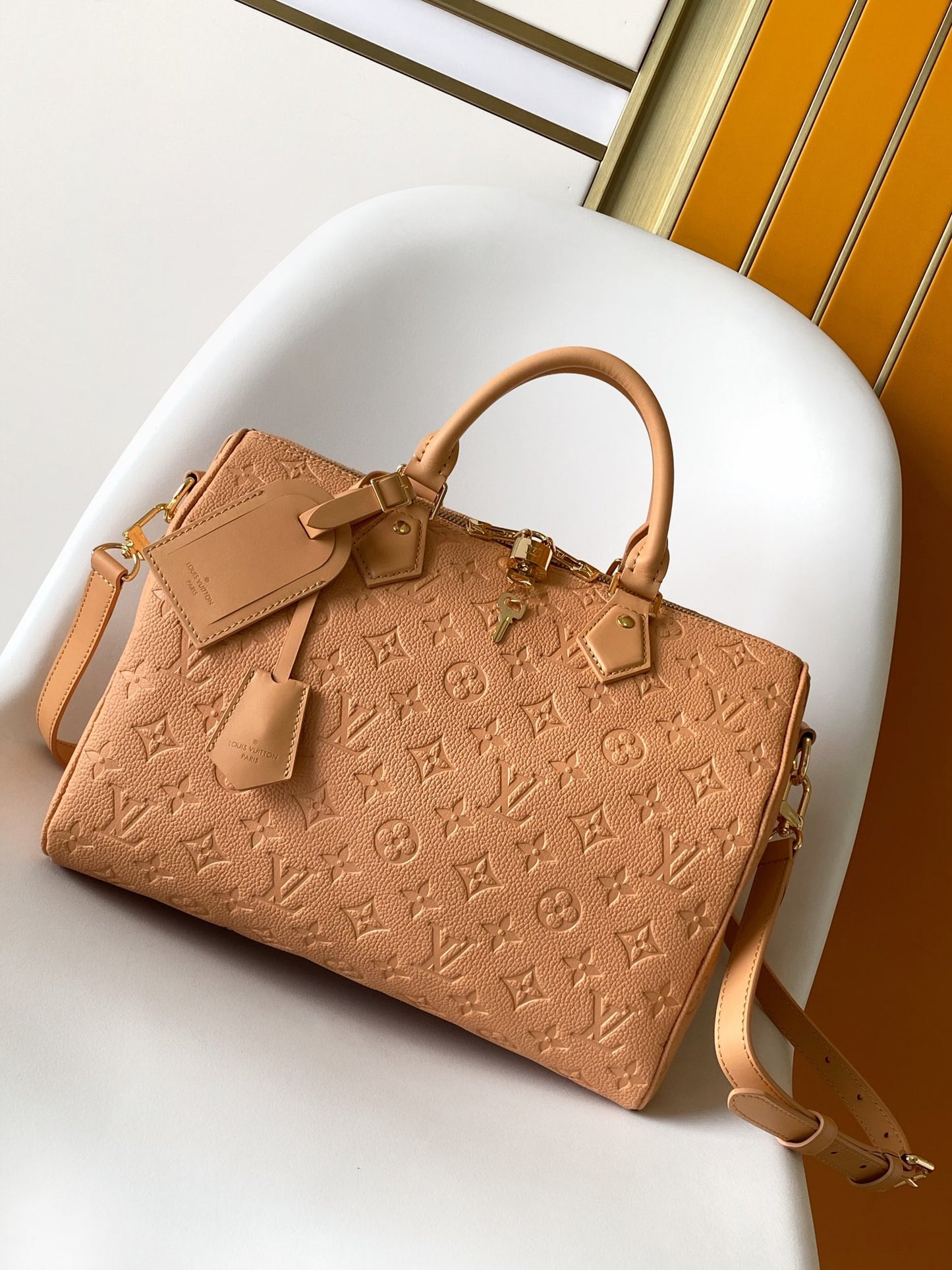 Louis Vuitton Classic Tan Embossed Leather Top Handle Handbag with Shoulder Strap