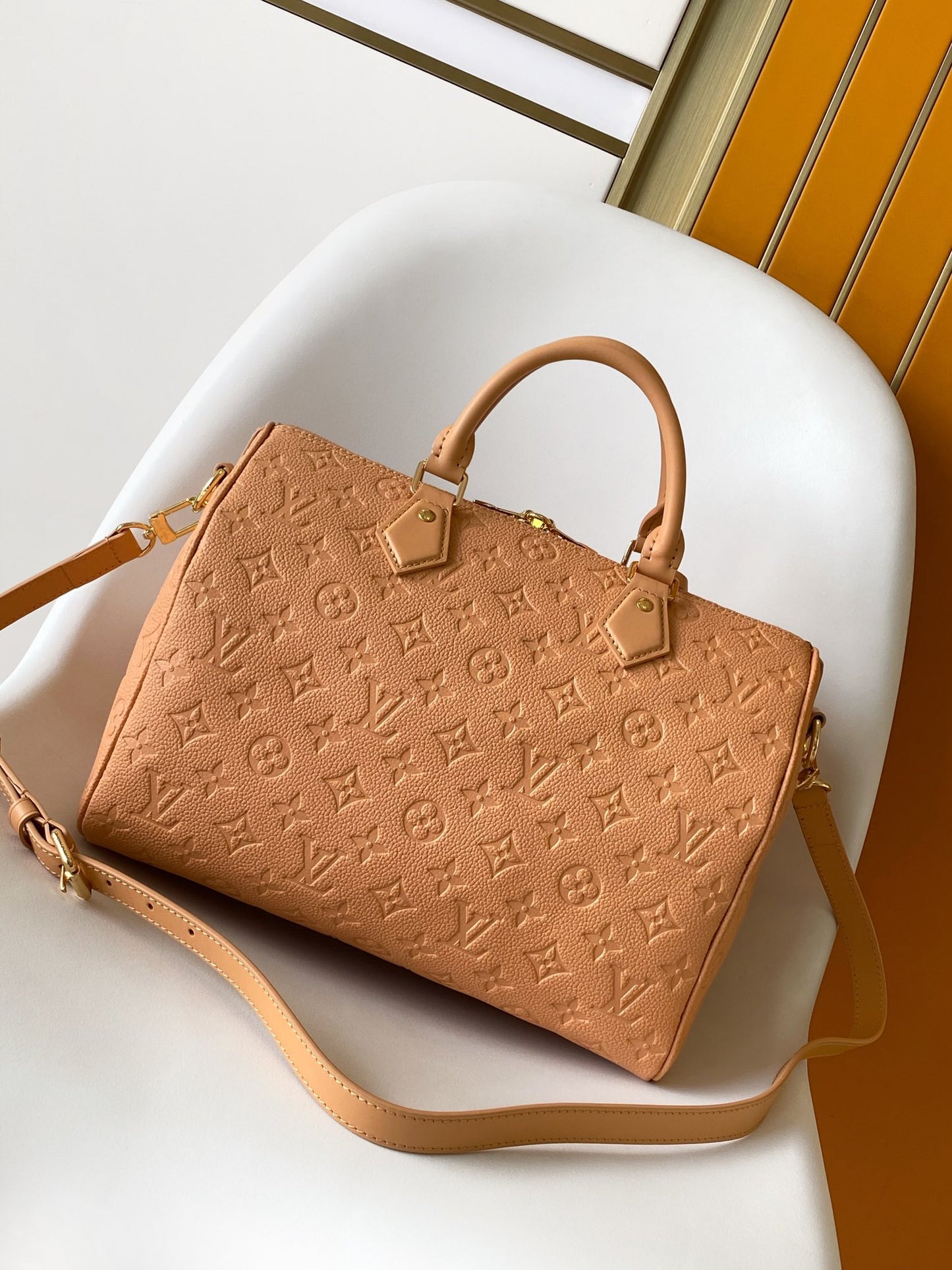Louis Vuitton Classic Tan Embossed Leather Top Handle Handbag with Shoulder Strap