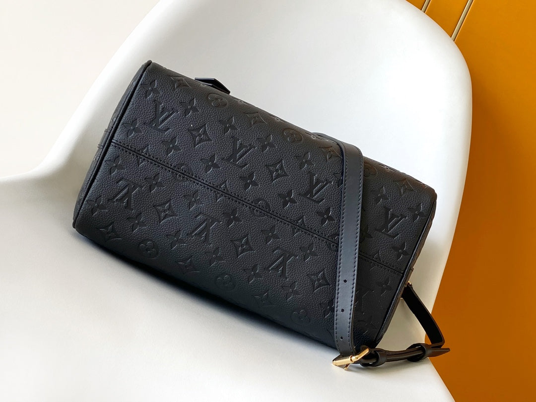 Louis Vuitton Black Embossed Leather Duffle Bag with Top Handles and Strap