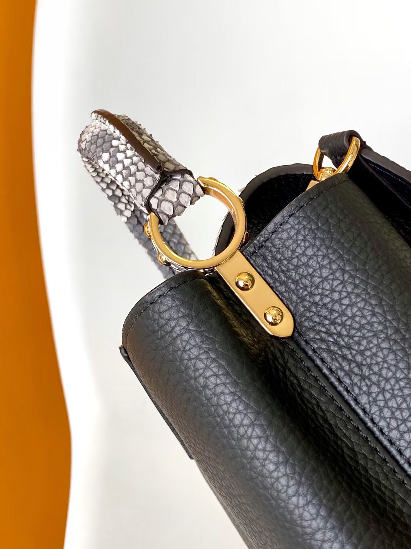 Louis Vuitton Black Leather Top Handle Handbag with Snakeskin Detail and Shoulder Strap