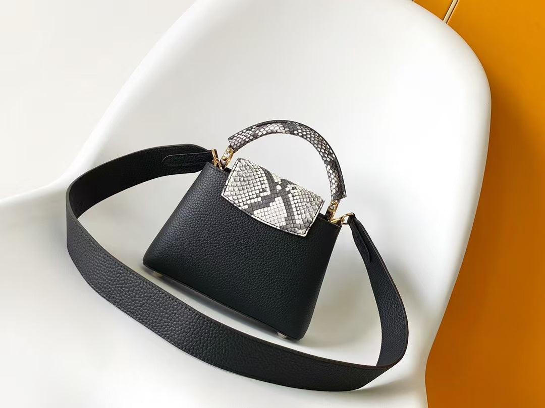 Louis Vuitton Black Leather Top Handle Handbag with Snakeskin Detail and Shoulder Strap