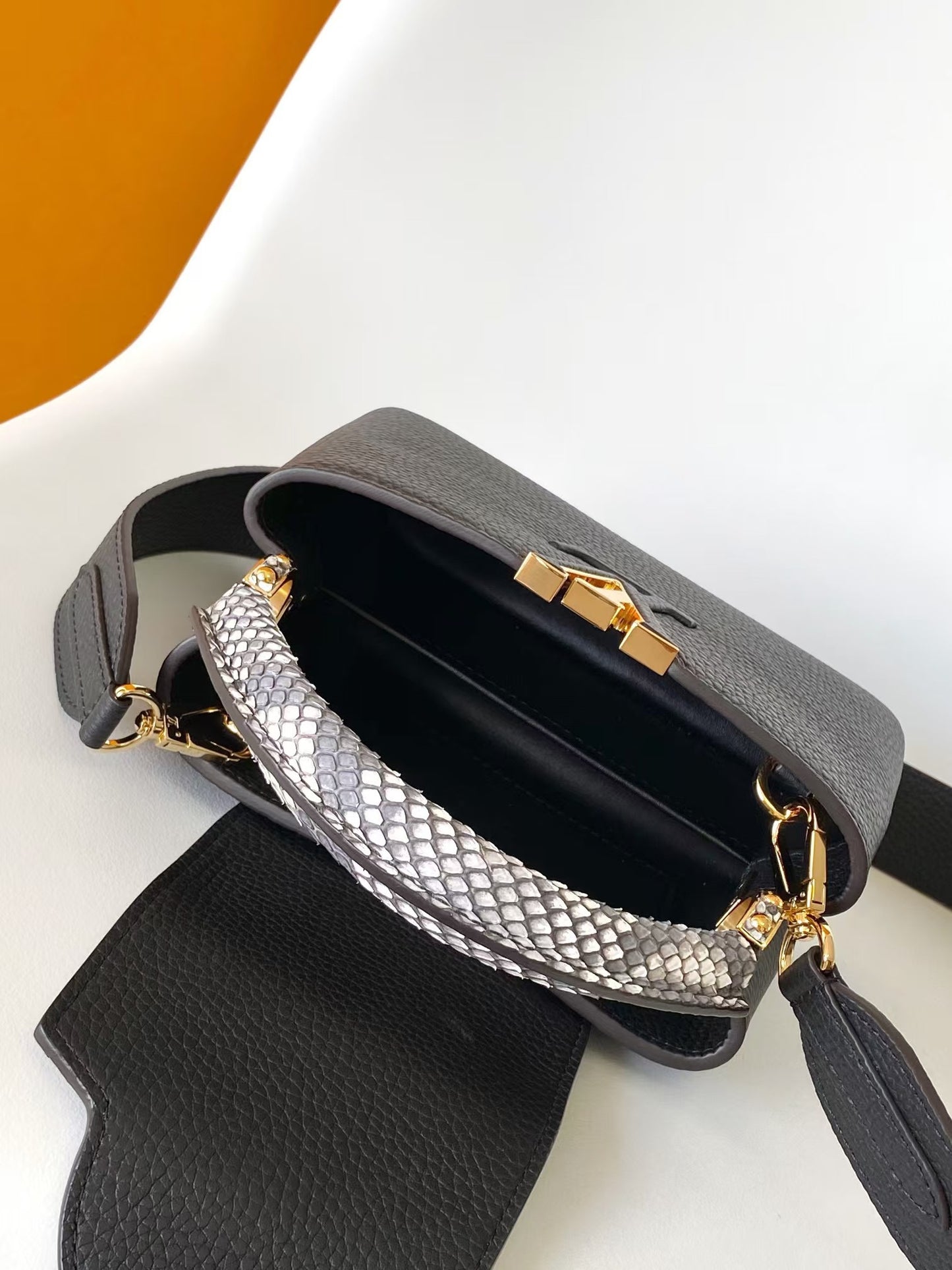 Louis Vuitton Black Leather Top Handle Handbag with Snakeskin Detail and Shoulder Strap