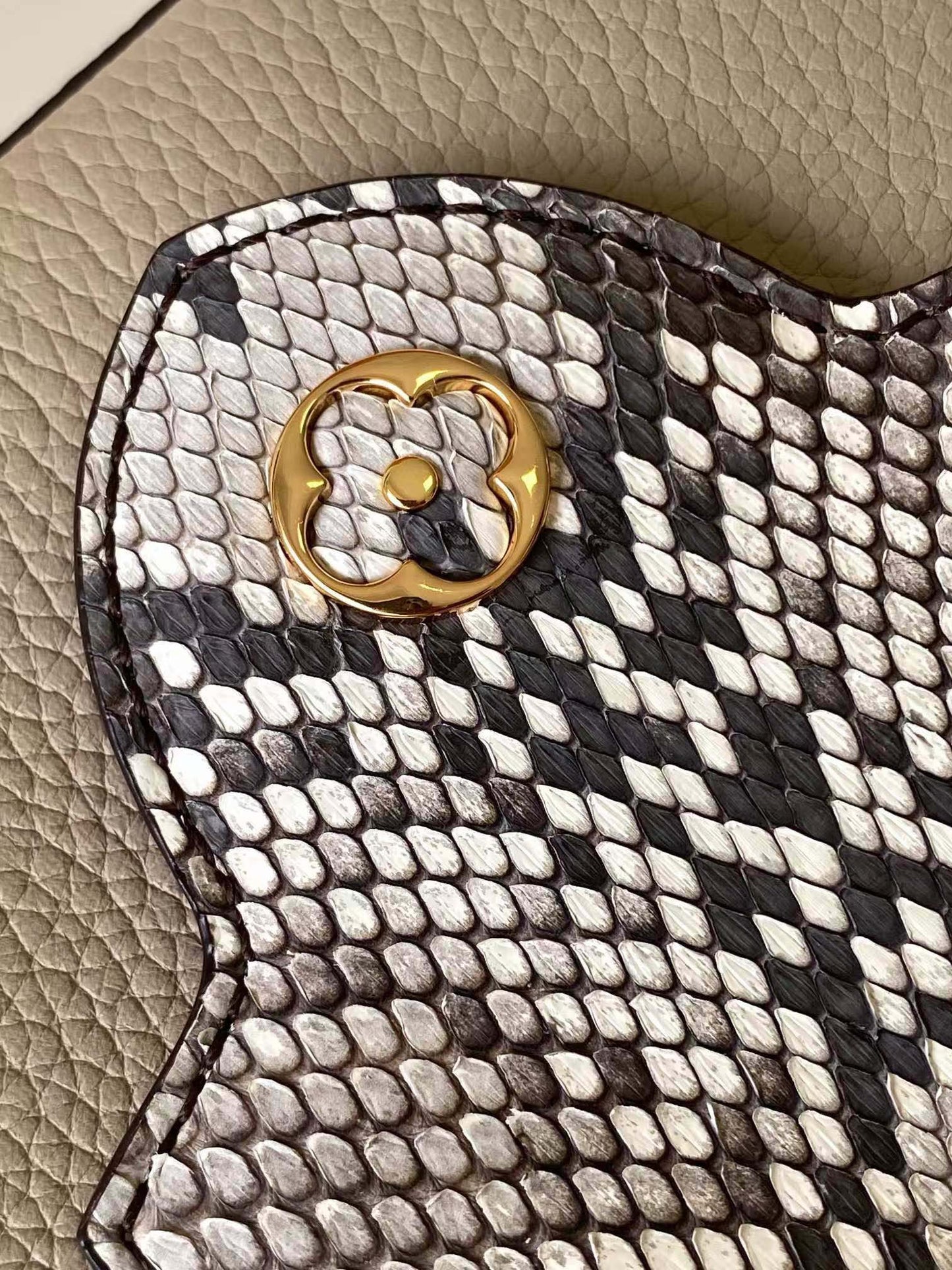 Louis Vuitton Luxury Beige Leather Top Handle Bag with Python Print Accents