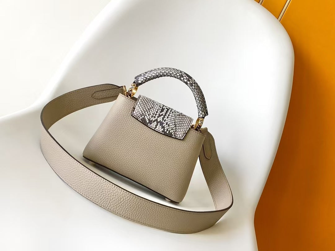 Louis Vuitton Luxury Beige Leather Top Handle Bag with Python Print Accents
