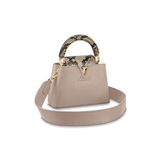 Louis Vuitton Luxury Beige Leather Top Handle Bag with Python Print Accents